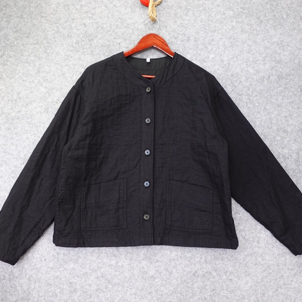 Cabincore Chore Jacket MUJI Womens MEDIUM Black Kapok Padded Fall Utility Gorp